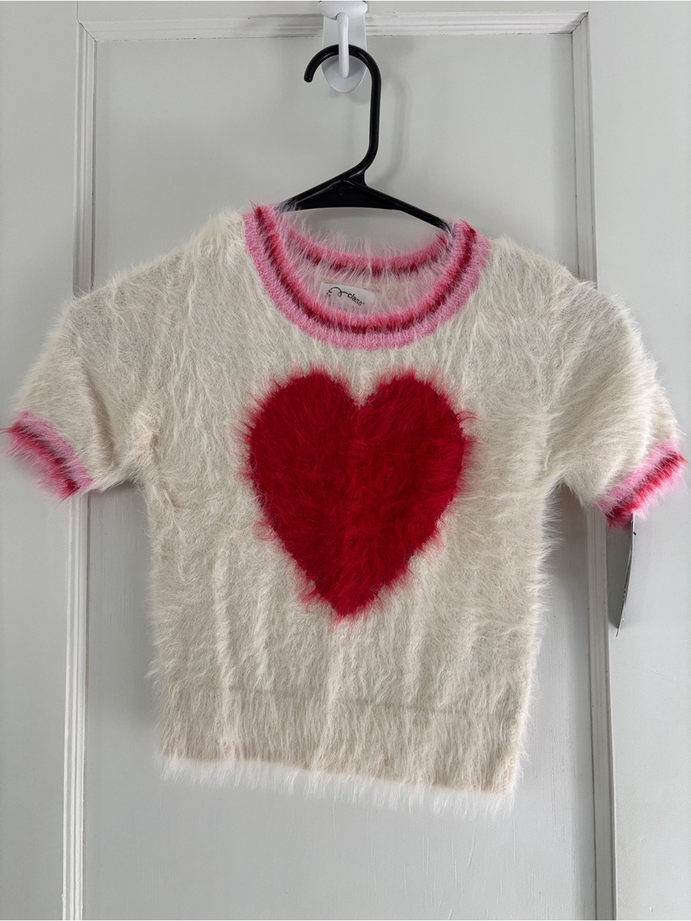 art class Cream Fuzzy Heart Sweater with Red Heart and Pink Trim